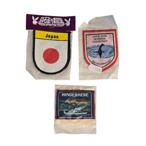 3 Assorted Sew On Vintage Badges - Japan - Windermere England - Loch Ness Exibit